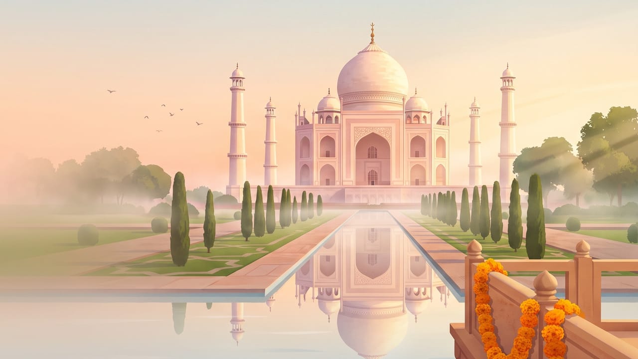 Illustration of the Taj Mahal at sunrise reflected in its long pool, with cypress trees and marigolds, Agra, India